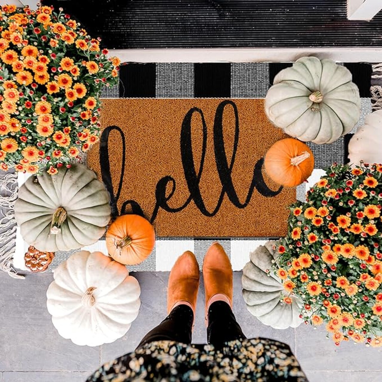 2pcs front porch decor mats, hello door mat and buffalo plaid checkered outdoor rug, front door mat non-slip entryway decor imitation coir doormat for fall Thanksgiving rustic farmhouse